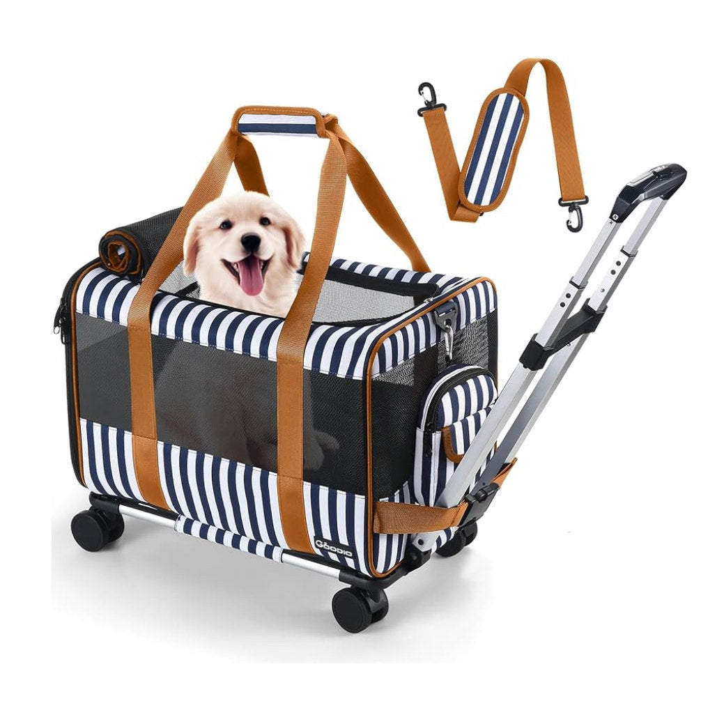 Goodio Rolling Pet Carrier Navy Stripe Airline Approved Travel Bag NEW