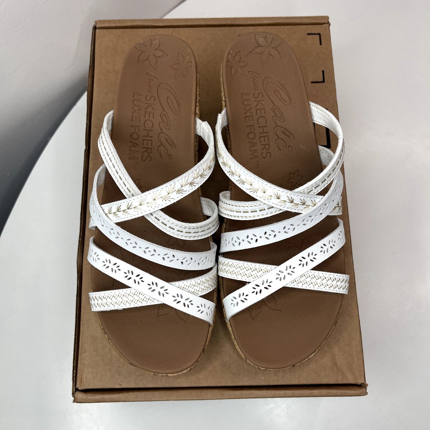 Skechers Beverlee Tiger Posse White Wedge Sandals Women's Size 8 New
