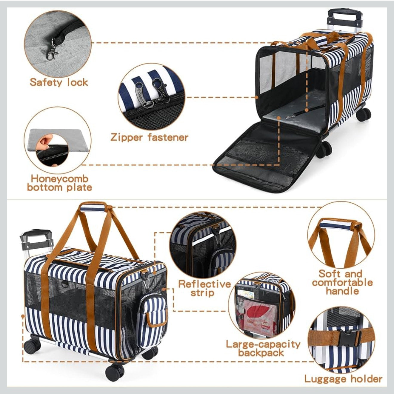 Goodio Rolling Pet Carrier Navy Stripe Airline Approved Travel Bag NEW