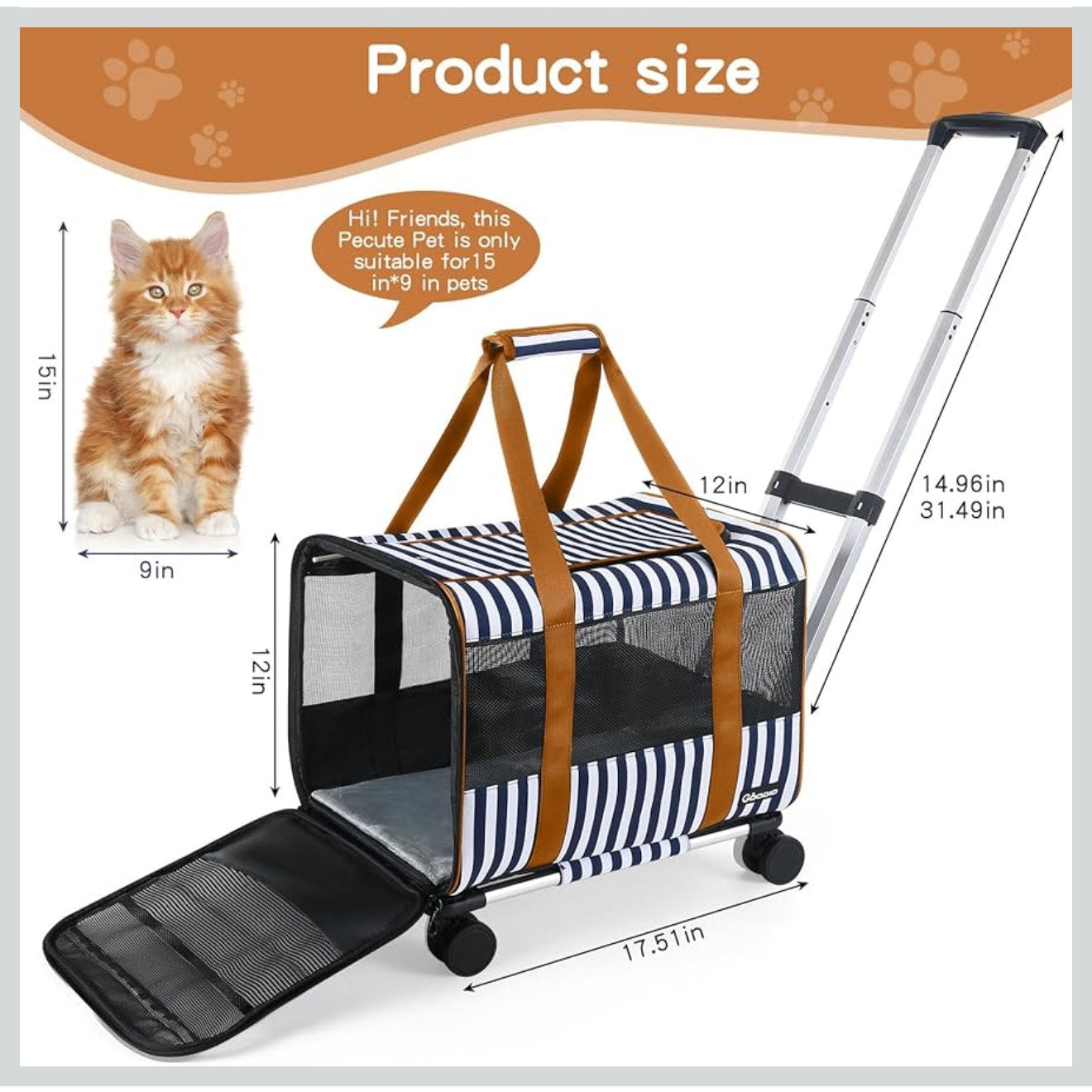 Goodio Rolling Pet Carrier Navy Stripe Airline Approved Travel Bag NEW